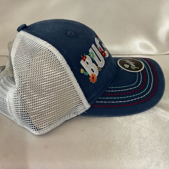Buc-Ees Womens Embroidered Denim & Mesh Ponytail Back Trucker Hat With Floral De - Picture 4 of 5